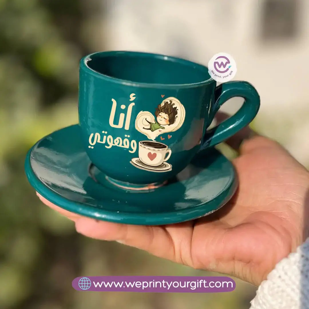 Handmade Natural Pottery Coffee Cup with Saucer – 200 ml | Petrol Color | UV Raised Sticker Printing