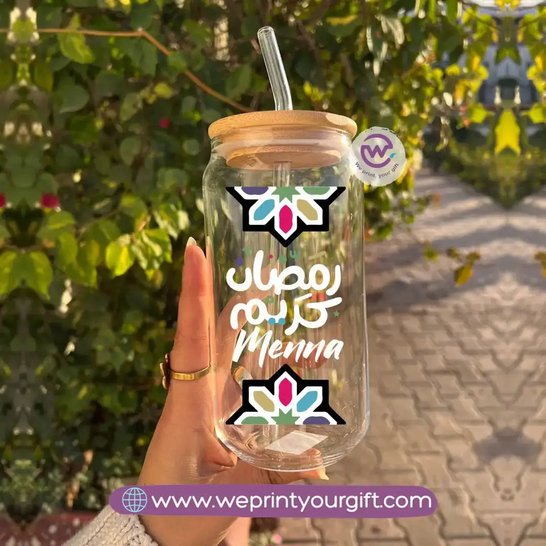 Round Glass Mug with Bamboo Lid & Glass Straw | Ramadan Design - WE PRINT