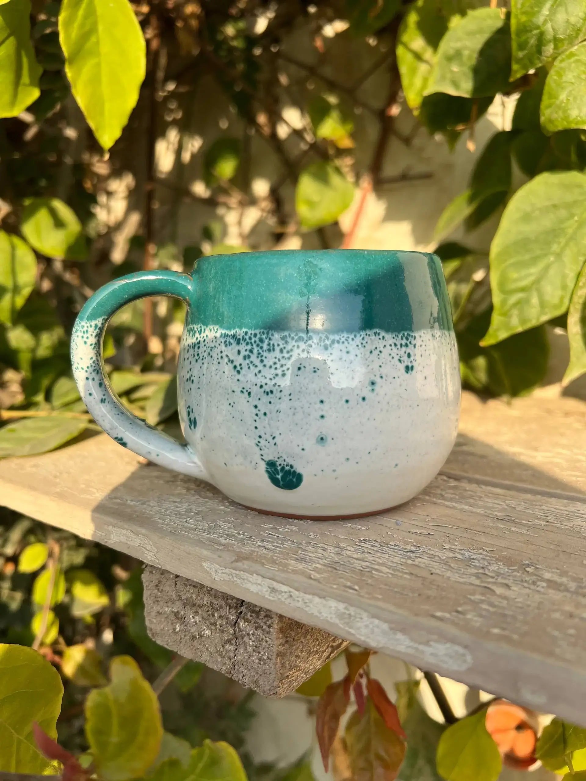 Green & White Handmade Pottery Mug - Customization Options - WE PRINT