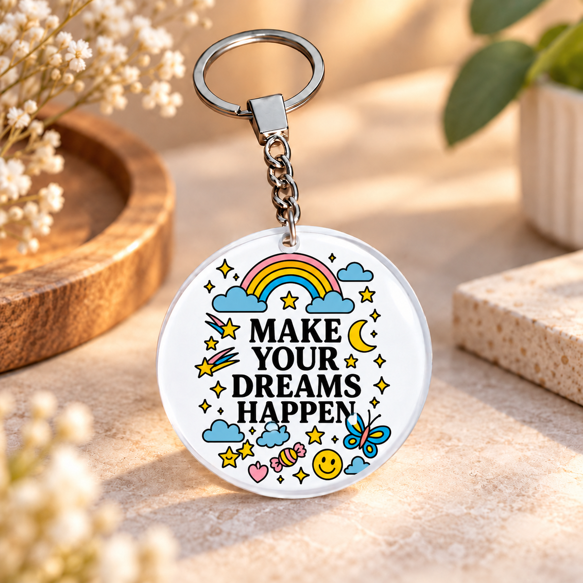 Motivational Icons Clear Acrylic Keychain | Single-Sided Print (Round / Rectangle)