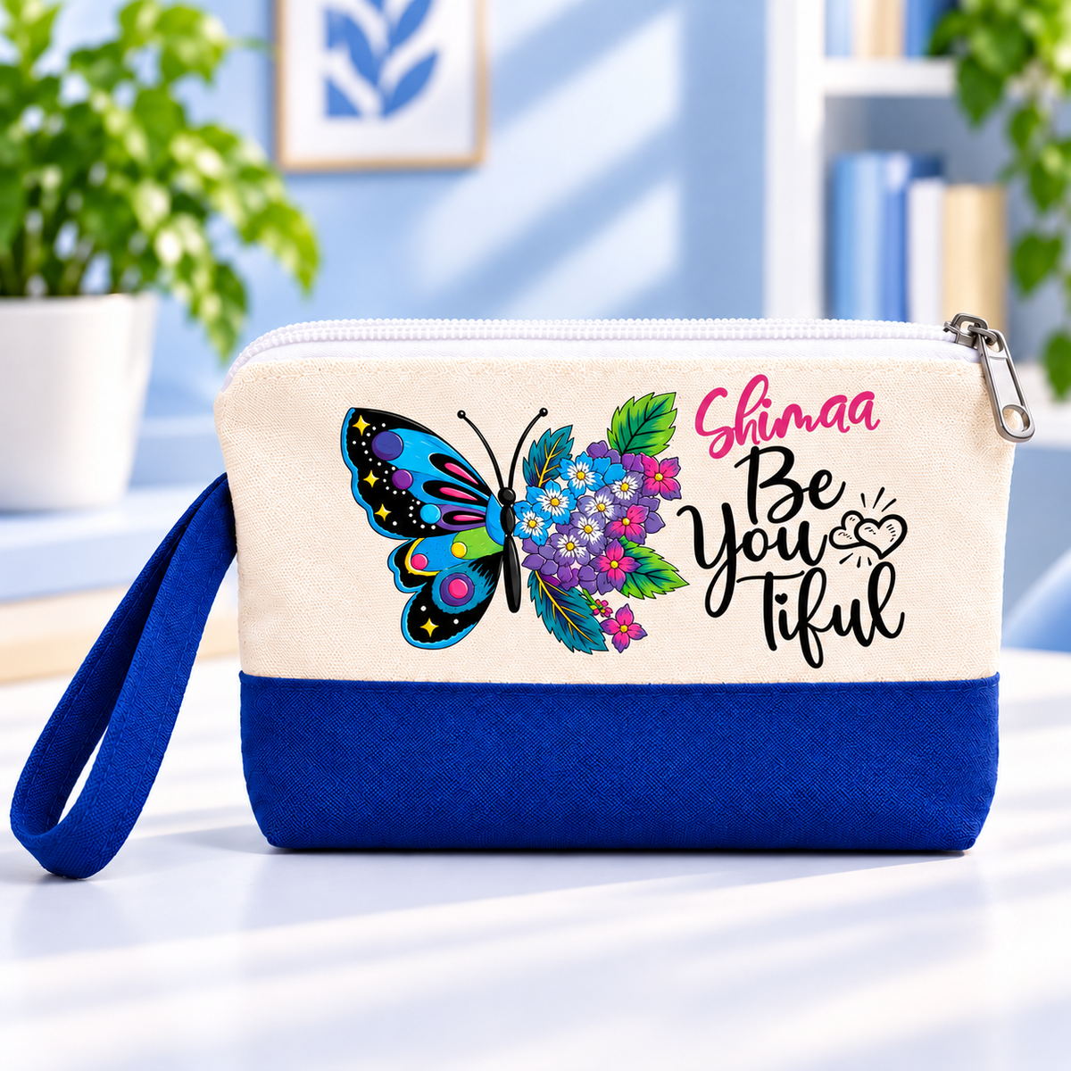 Butterfly Elegance Two-Tone Canvas Pencil Case & Makeup Pouch | With Side Handle