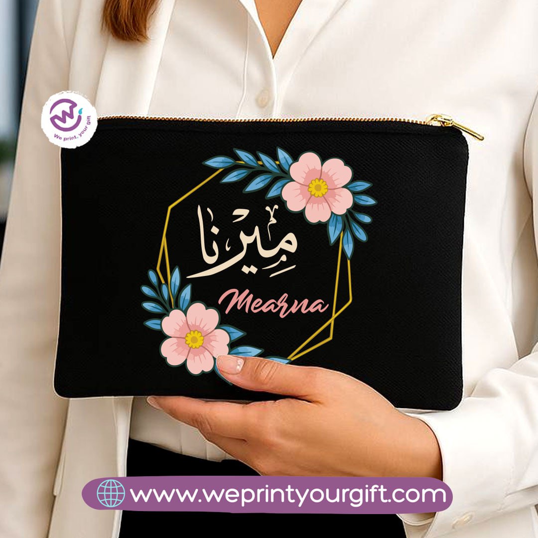 Personalized Floral Name Makeup Bag & Pencil Case – Elegant Cotton Pouch