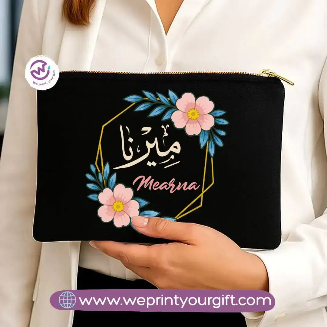 Personalized Floral Name Makeup Bag & Pencil Case – Elegant Cotton Pouch - WE PRINT