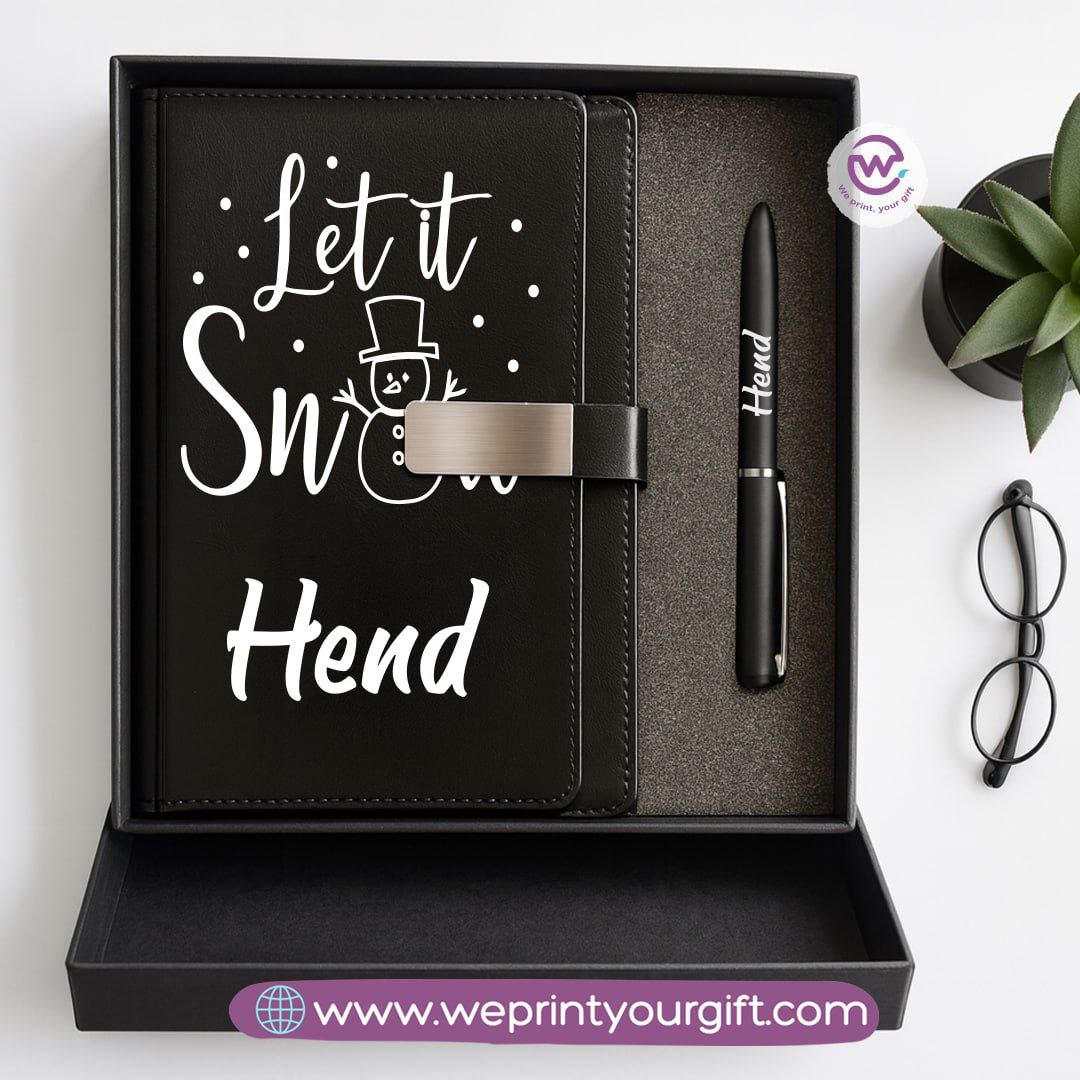 Festive Holiday Leather Gift Set โ Custom Name Notebook & Pen