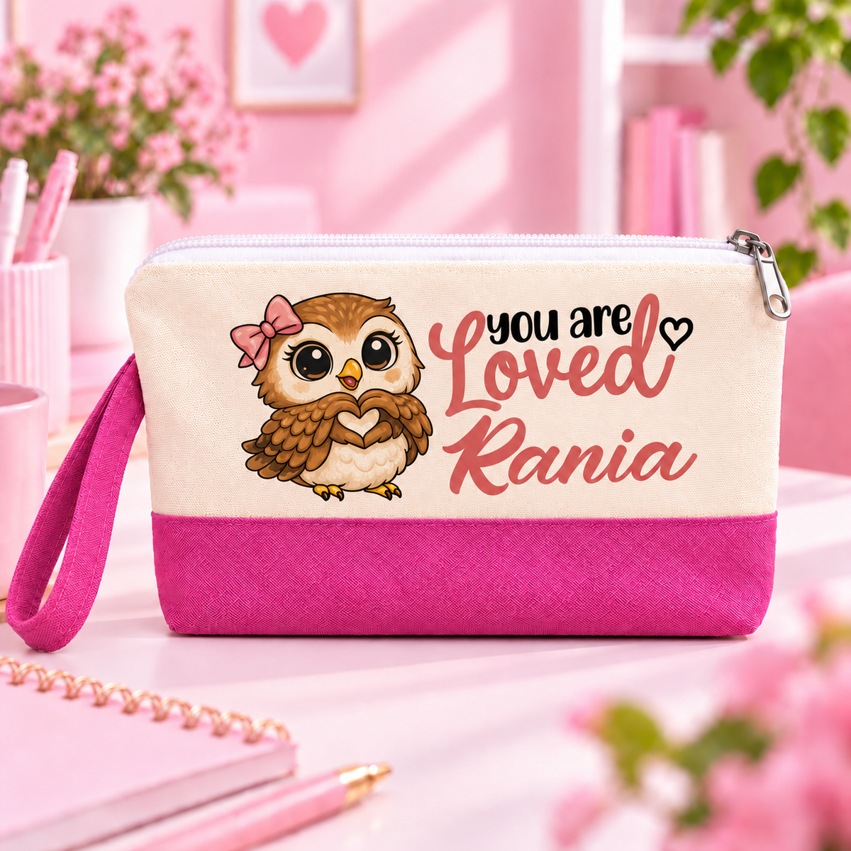 Cute Owl Two-Tone Canvas Pencil Case & Makeup Pouch | With Side Handle