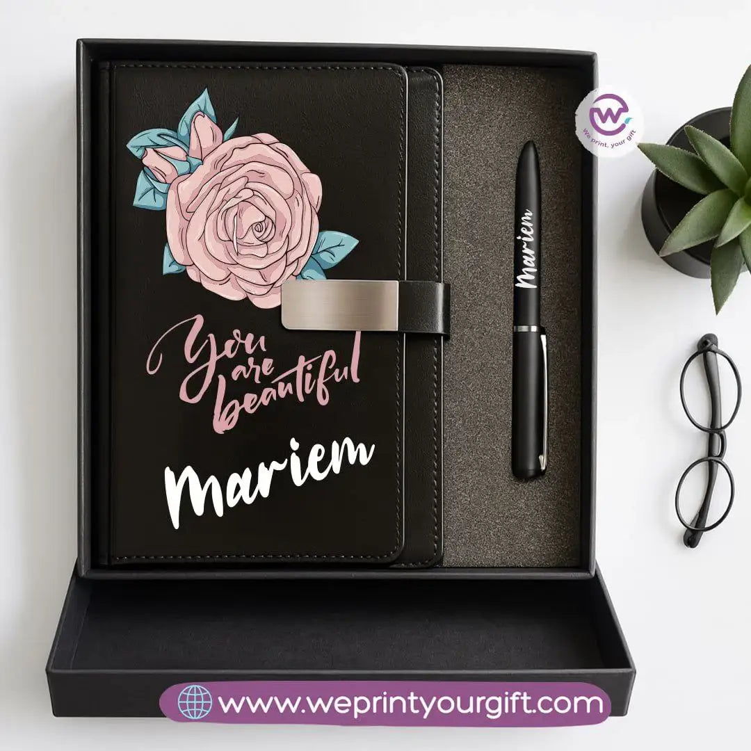 Personalized Leather Notebook & Engraved Pen Gift Box – Motivational Design with Name - WE PRINT