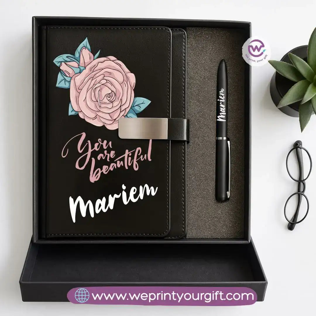 Personalized Leather Notebook & Engraved Pen Gift Box – Motivational Design with Name - WE PRINT