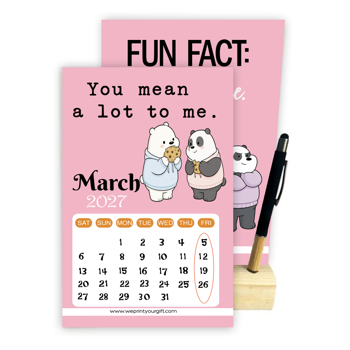 2027 Cute Bears Desk Calendar with Wooden Stand & Bamboo Grip Pen – 12 Unique Monthly Designs