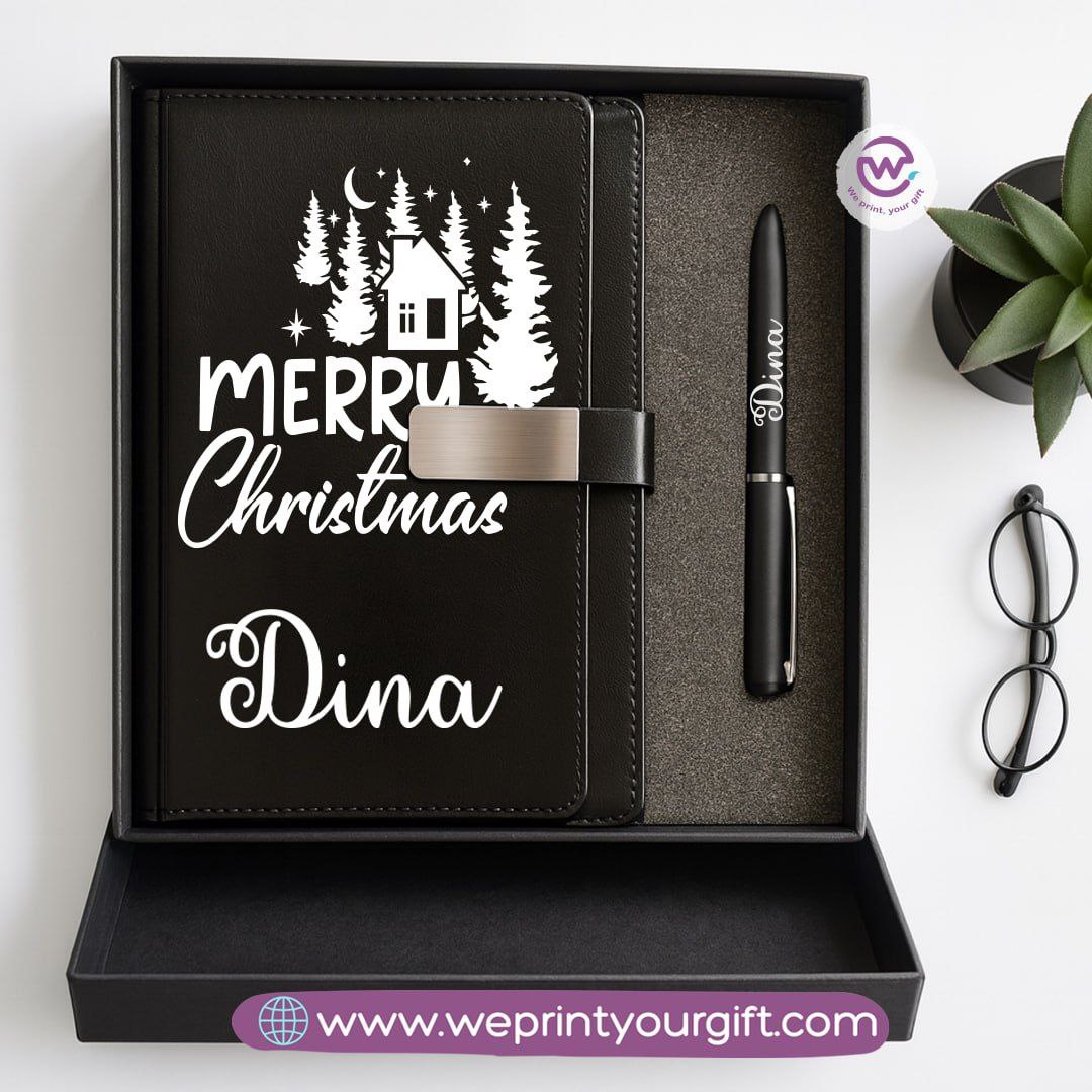 Festive Holiday Leather Gift Set โ Custom Name Notebook & Pen