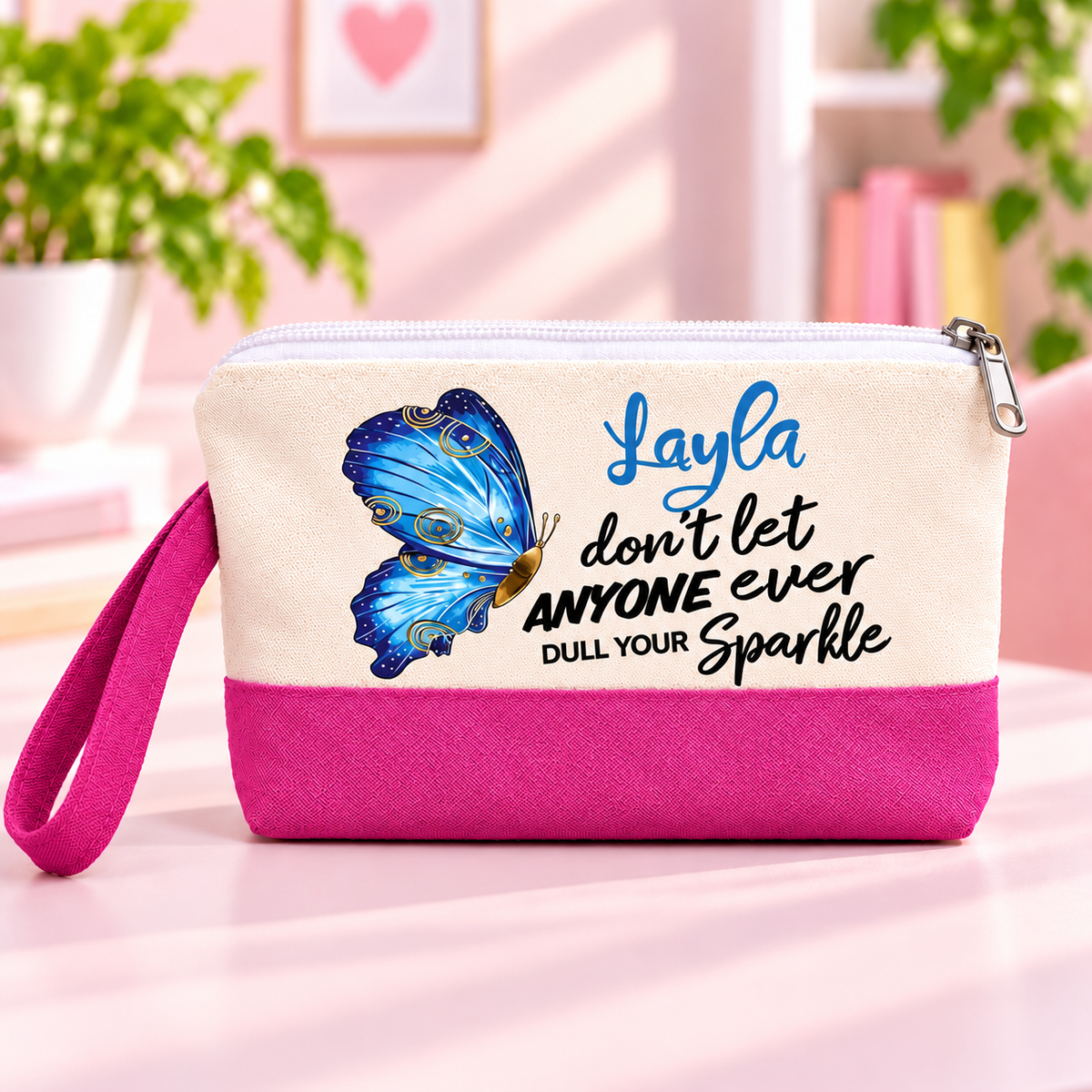 Motivational Butterfly Two-Tone Canvas Pencil Case & Makeup Pouch | With Side Handle