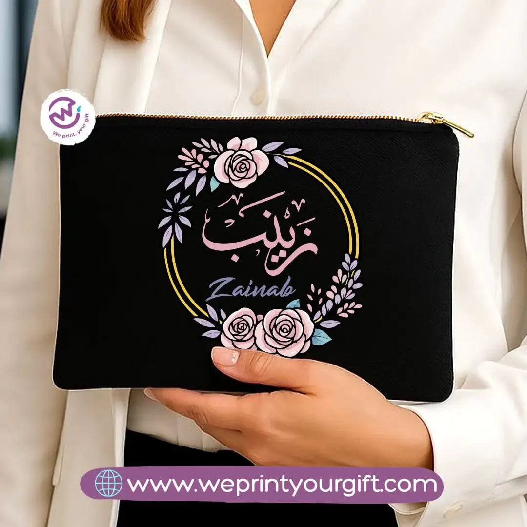 Personalized Floral Name Makeup Bag & Pencil Case – Elegant Cotton Pouch - WE PRINT