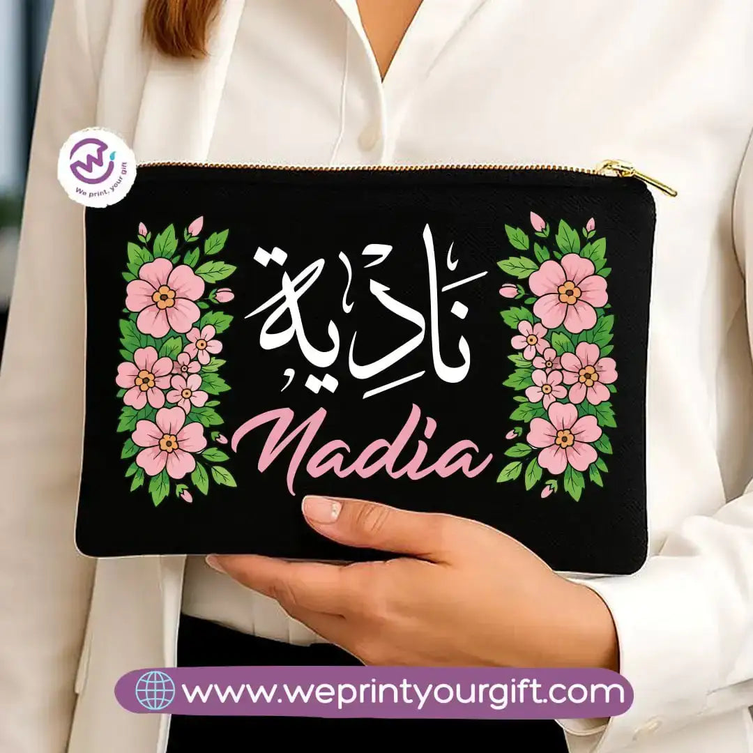 Personalized Floral Name Makeup Bag & Pencil Case – Elegant Cotton Pouch - WE PRINT