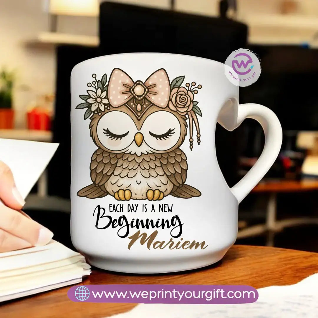 Personalized mug- Heart handle mug- Owl - WE PRINT