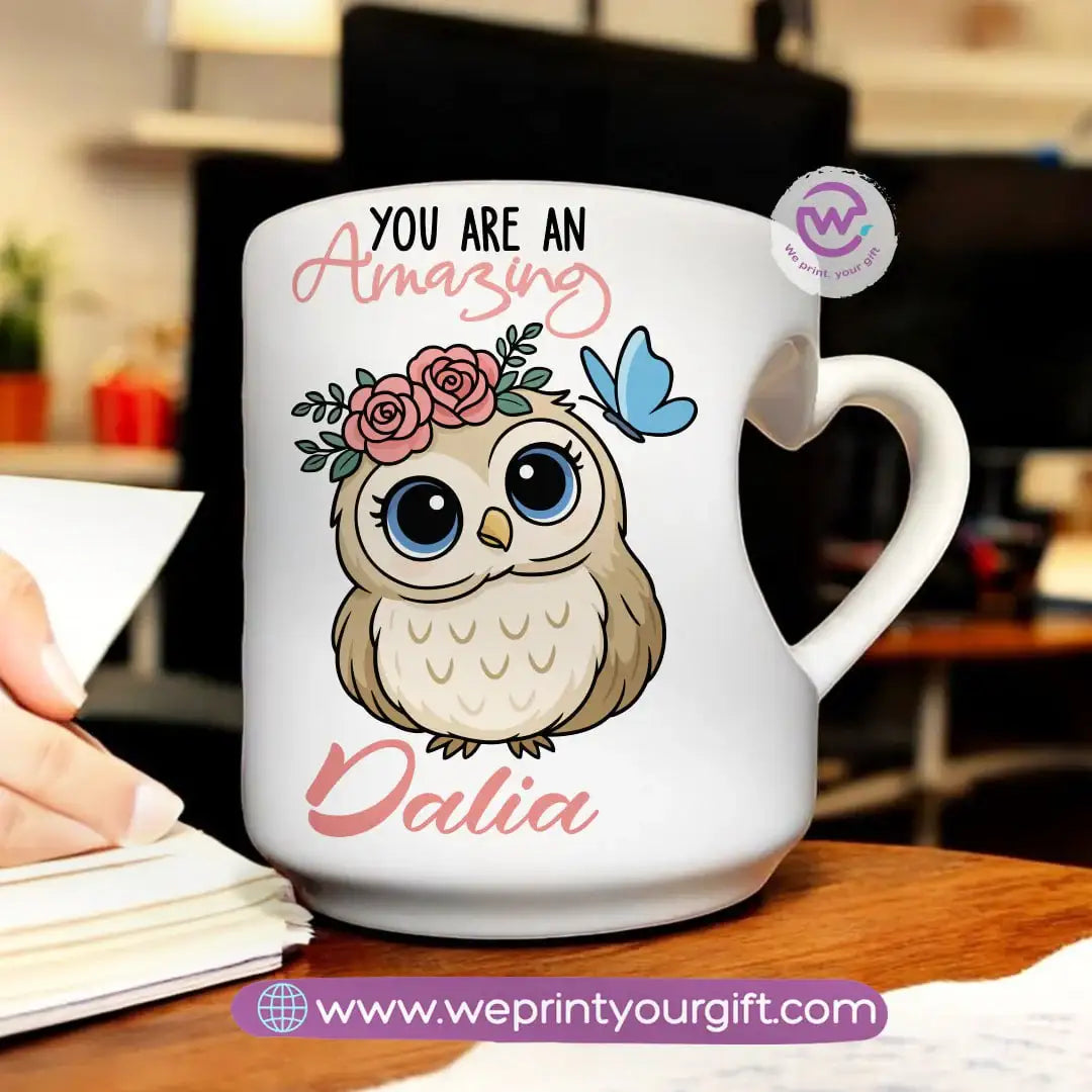 Personalized mug- Heart handle mug- Owl - WE PRINT