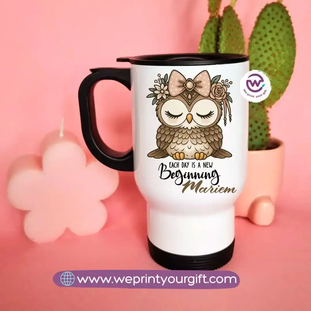 Travel mug with handle- Owl - WE PRINT