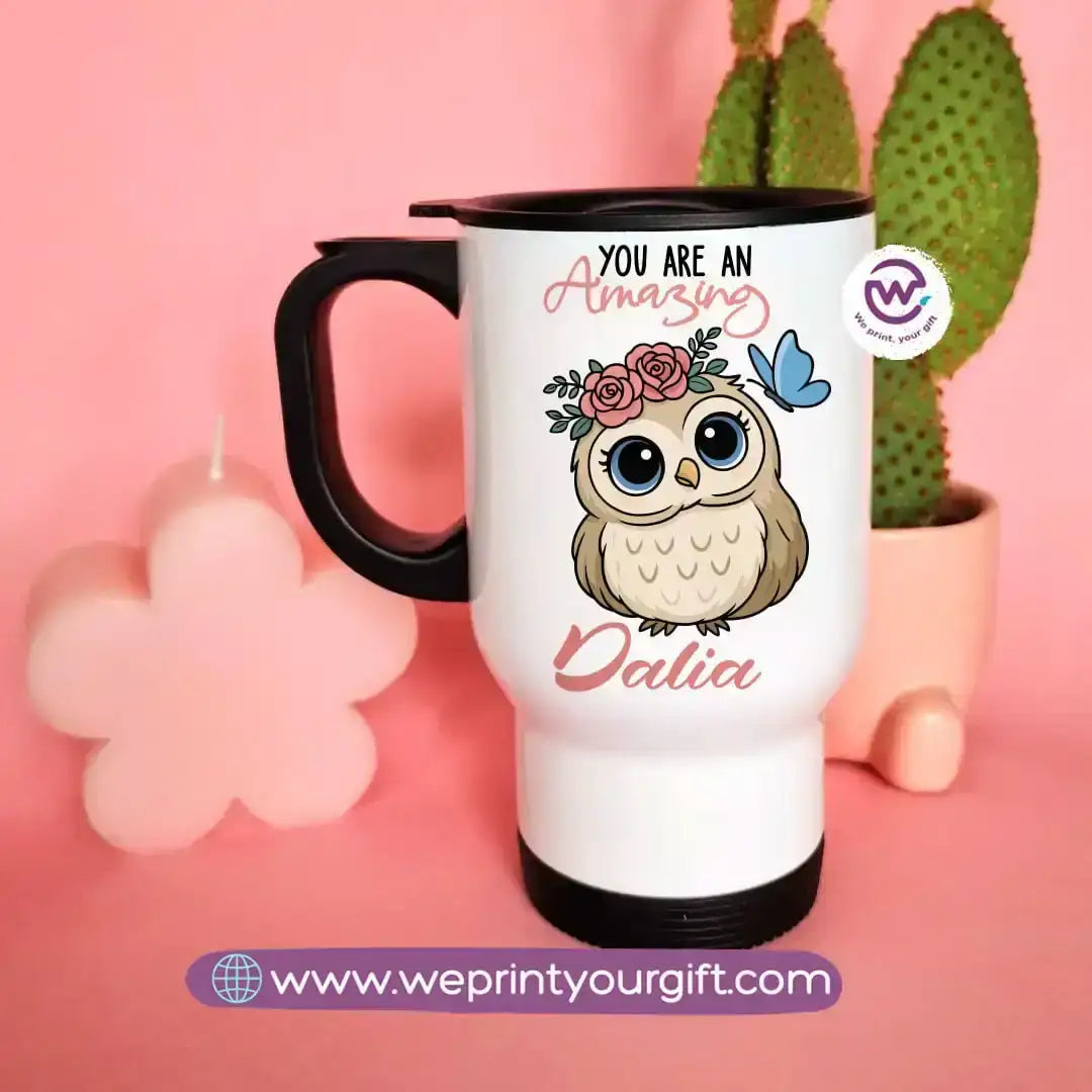 Travel mug with handle- Owl - WE PRINT