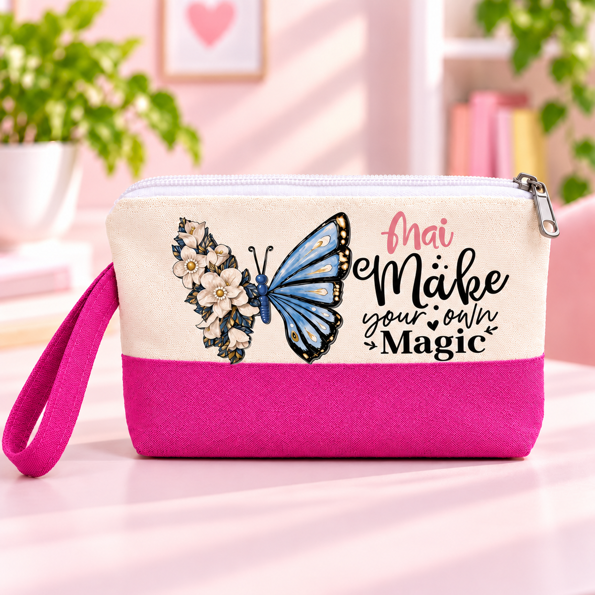 Motivational Butterfly Two-Tone Canvas Pencil Case & Makeup Pouch | With Side Handle