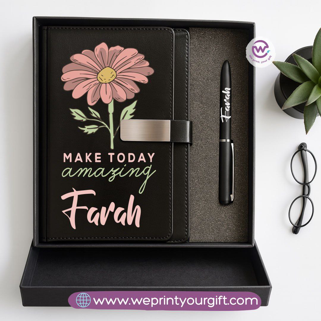 Personalized Leather Notebook & Engraved Pen Gift Box – Motivational Design with Name