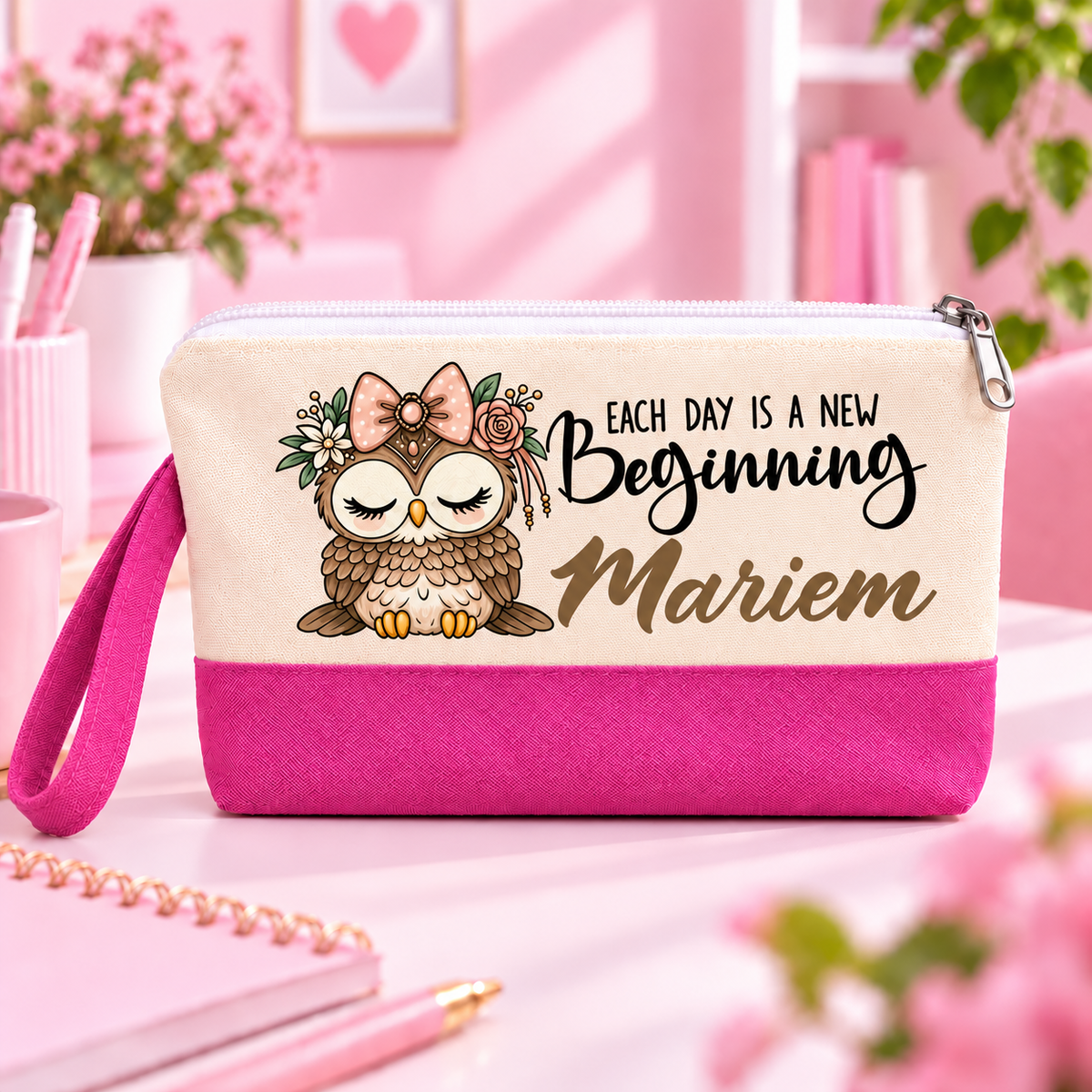 Cute Owl Two-Tone Canvas Pencil Case & Makeup Pouch | With Side Handle