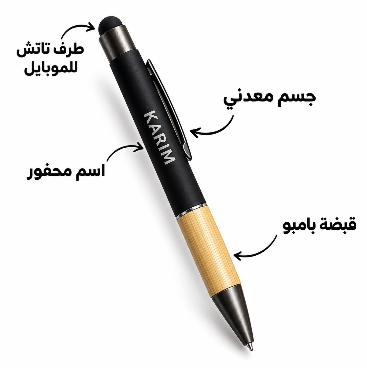 Blue metal pen with bamboo grip and touch stylus on white background