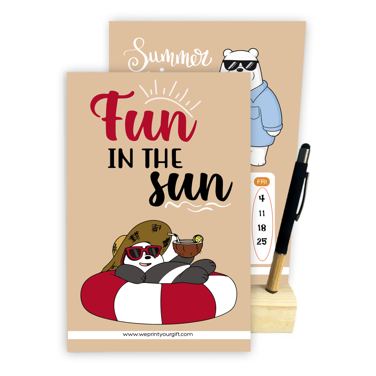 2027 Cute Bears Desk Calendar with Wooden Stand & Bamboo Grip Pen – 12 Unique Monthly Designs