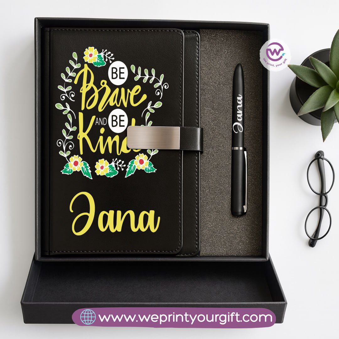 Motivational Personalized Gift Box – Custom Name Leather Notebook & Engraved Pen