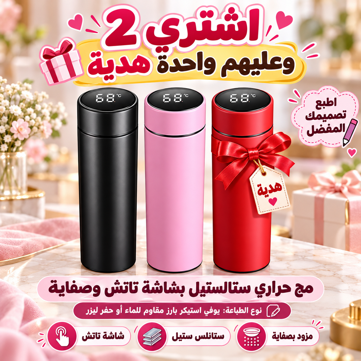 Digital Stainless Steel Thermos with Touch Screen –Sticker Print-Buy 2 Get 1 free