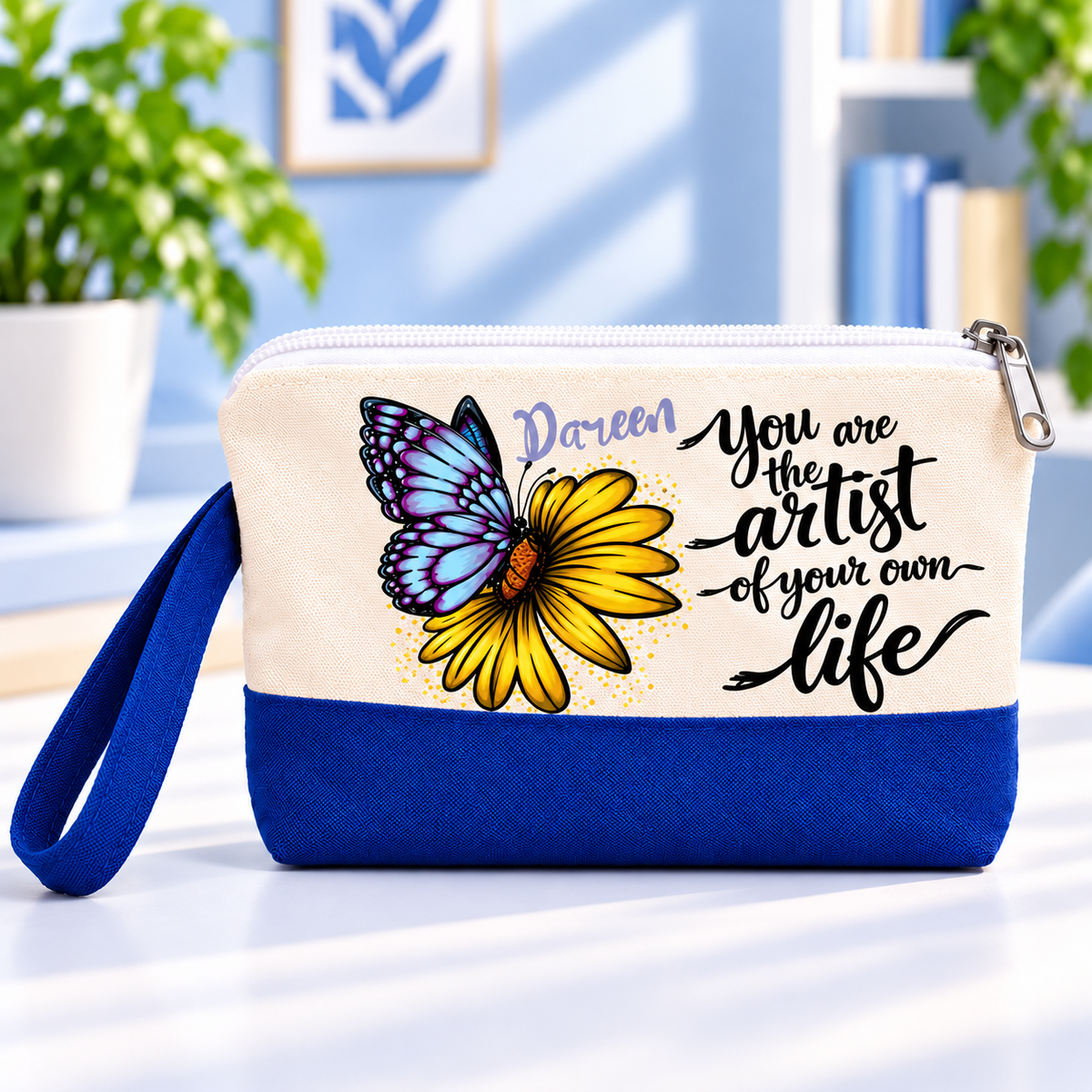Butterfly Elegance Two-Tone Canvas Pencil Case & Makeup Pouch | With Side Handle