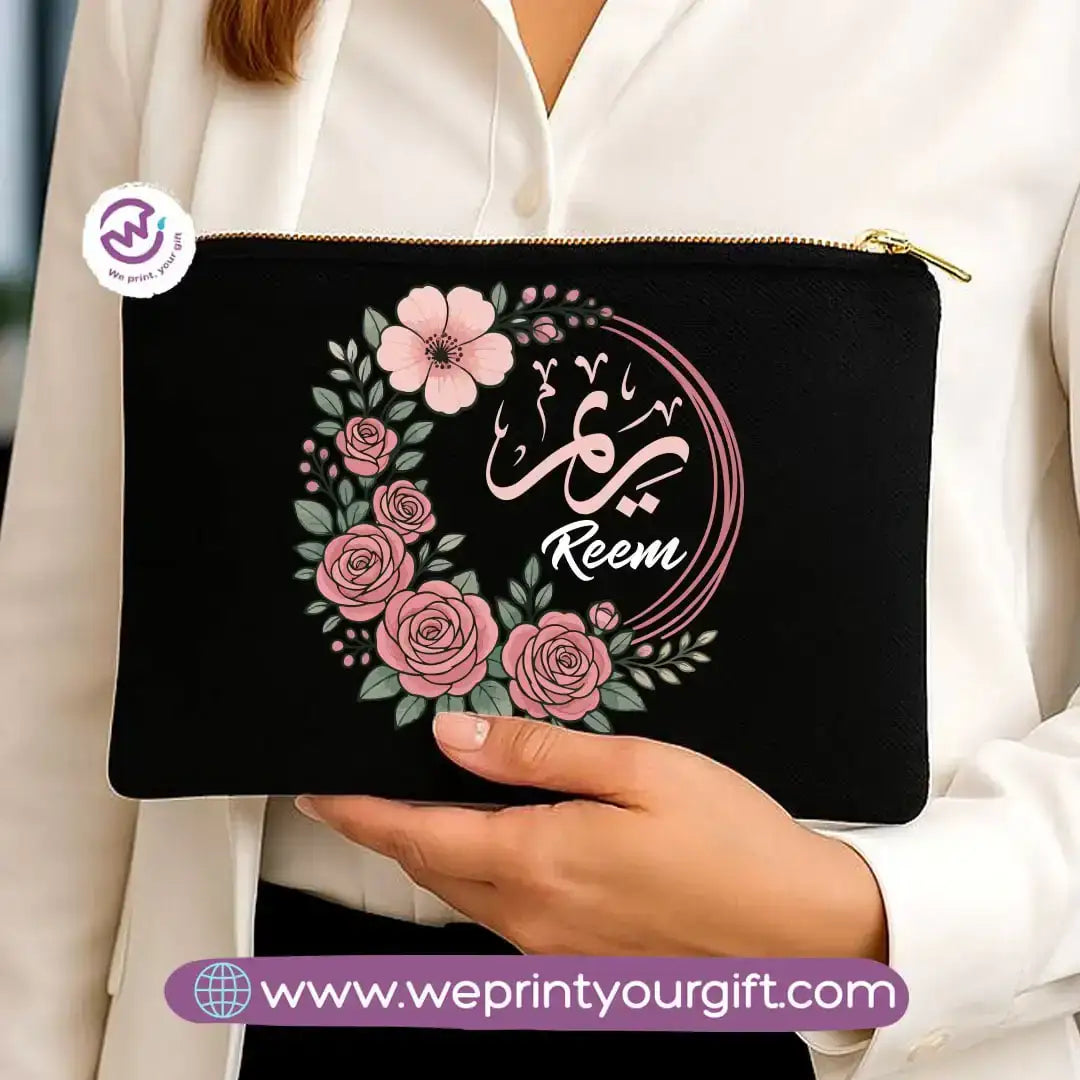 Personalized Floral Name Makeup Bag & Pencil Case – Elegant Cotton Pouch - WE PRINT