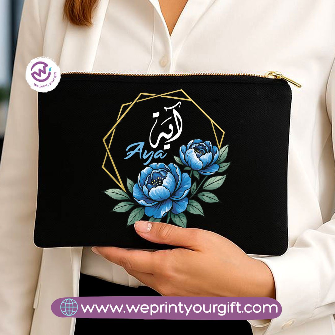 Personalized Floral Name Makeup Bag & Pencil Case – Elegant Cotton Pouch