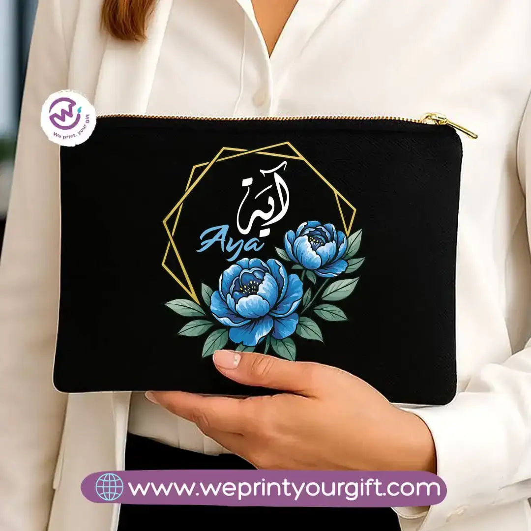 Personalized Floral Name Makeup Bag & Pencil Case – Elegant Cotton Pouch - WE PRINT