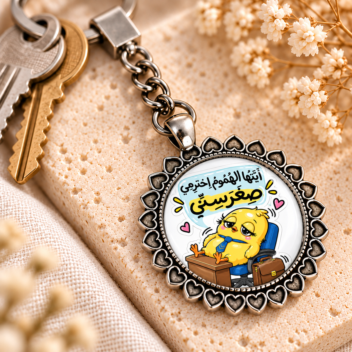 Funny Work Chick Glass Dome Keychain | Ornate Heart Border Frame