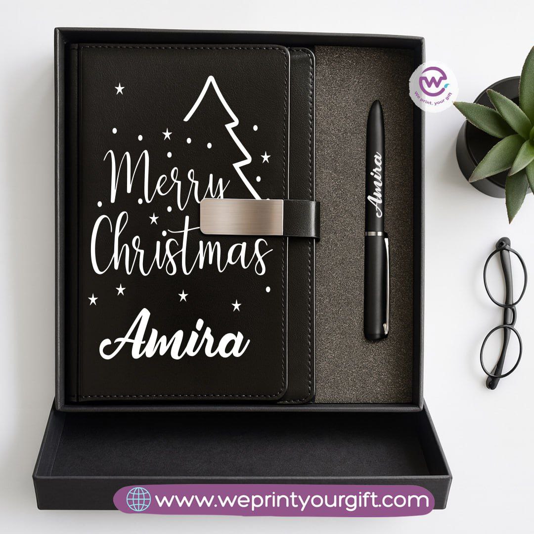 Festive Holiday Leather Gift Set โ Custom Name Notebook & Pen