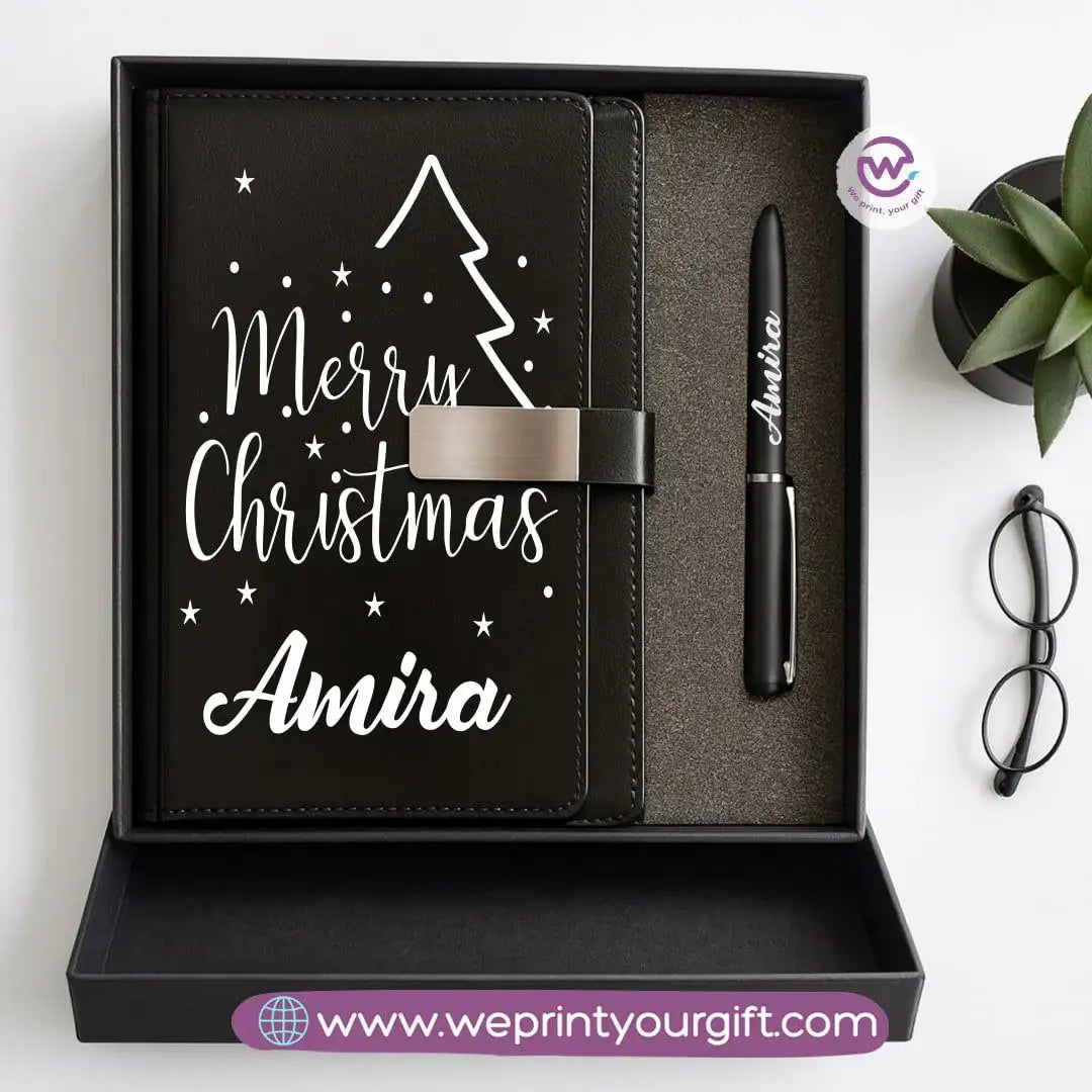 Festive Holiday Leather Gift Set โ Custom Name Notebook & Pen - WE PRINT