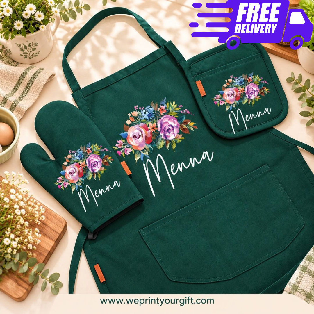 Floral Motivational Quote 3-Piece Kitchen Set (Apron, Oven Mitt & Pot Holder) + Optional Chef Hat, Personalized with Your Name