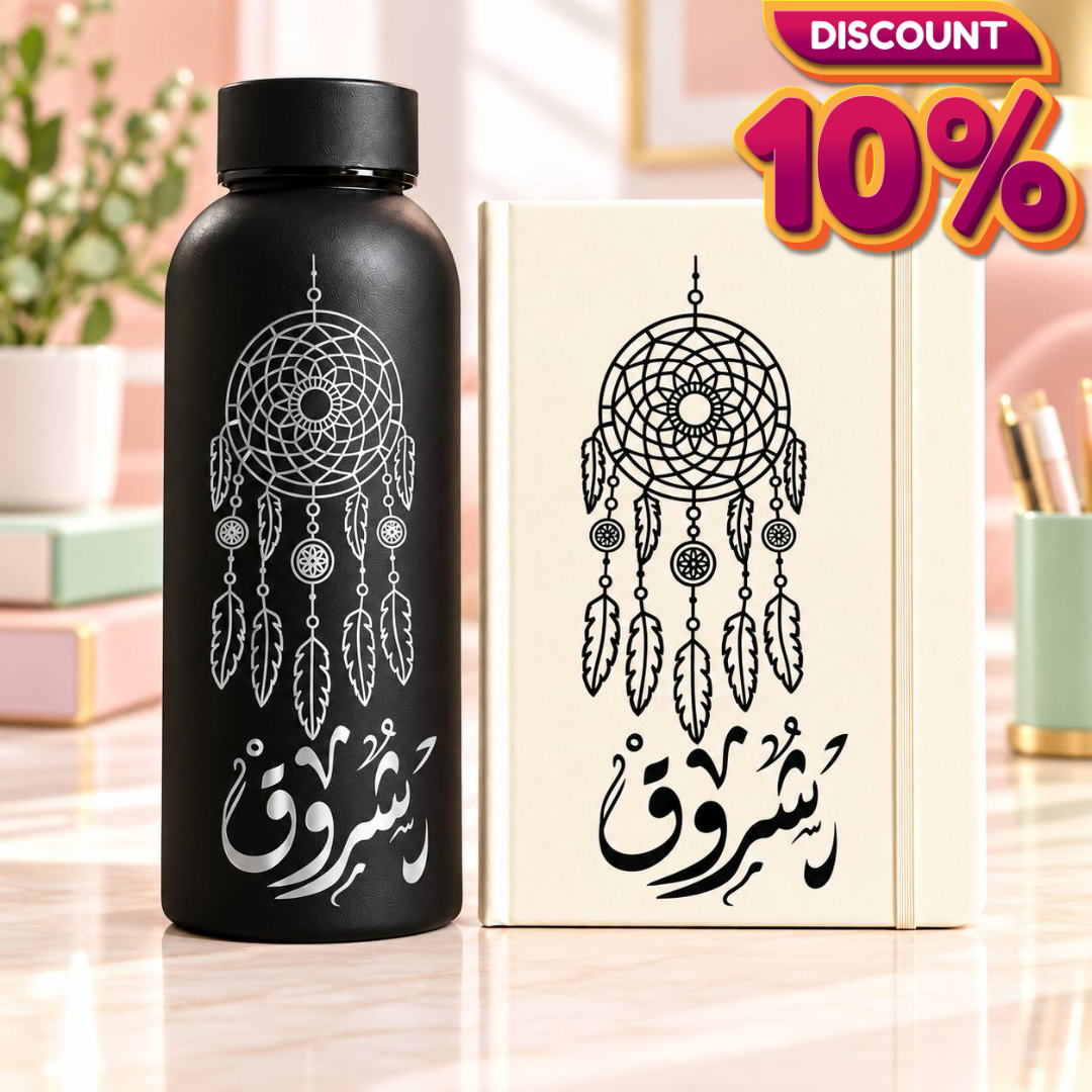 Personalized Name Gift Set – Thermal Water Bottle & Rubber Cover Notebook with Custom Name and Elegant Floral Designs