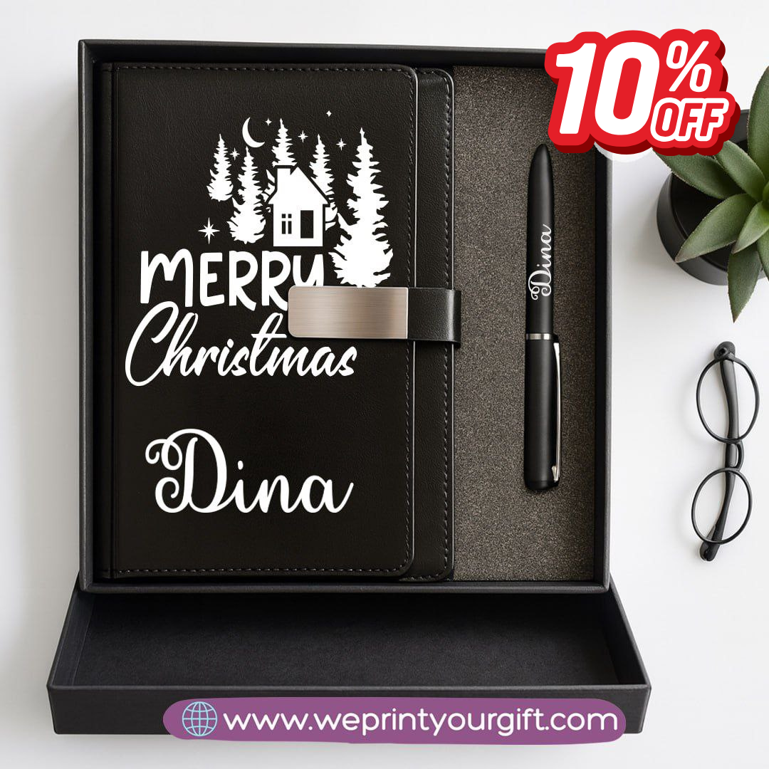 Festive Holiday Leather Gift Set โ Custom Name Notebook & Pen