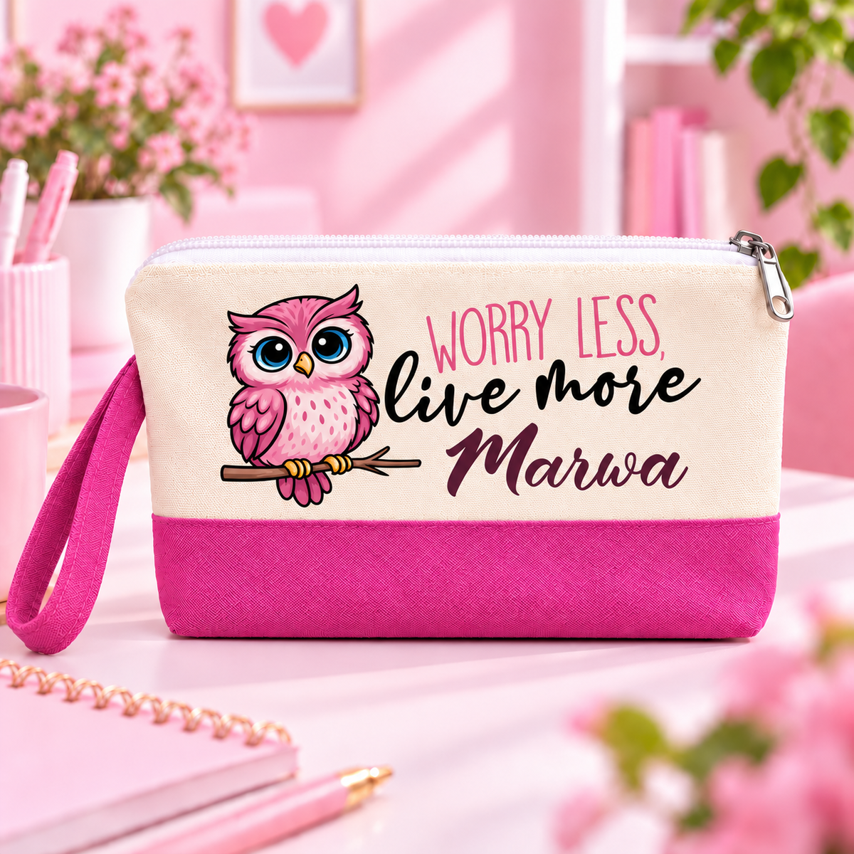 Cute Owl Two-Tone Canvas Pencil Case & Makeup Pouch | With Side Handle