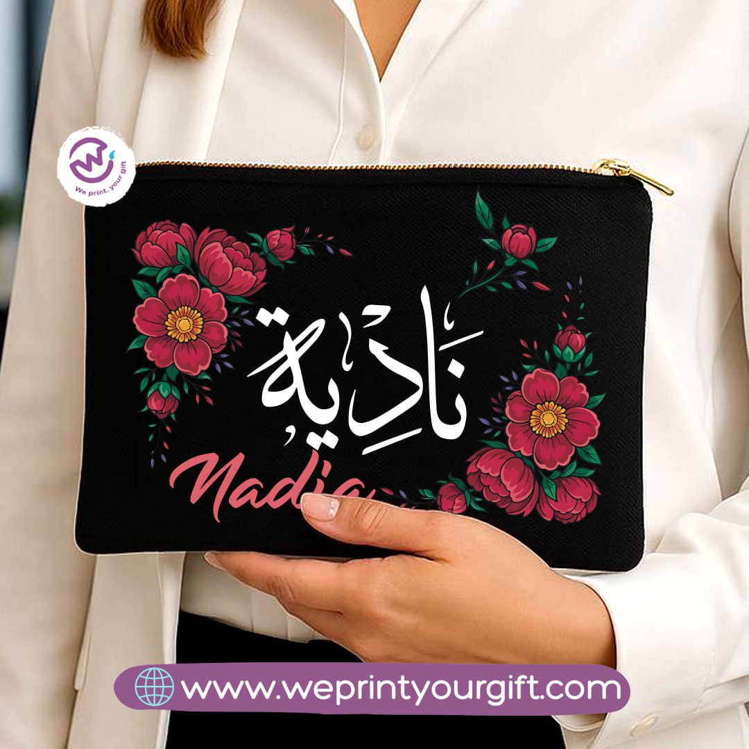 Personalized Floral Name Makeup Bag & Pencil Case – Elegant Cotton Pouch