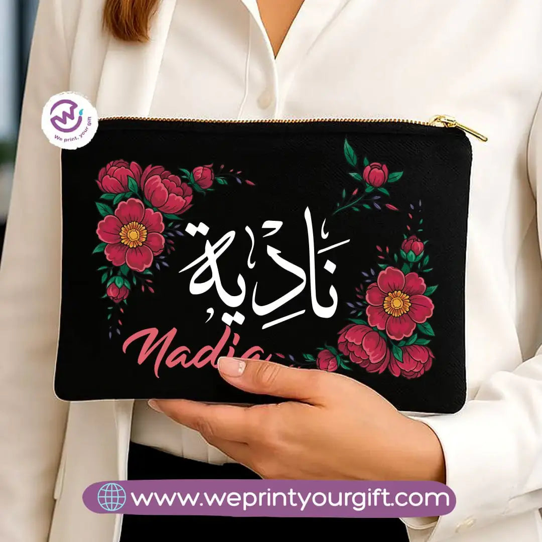 Personalized Floral Name Makeup Bag & Pencil Case – Elegant Cotton Pouch - WE PRINT