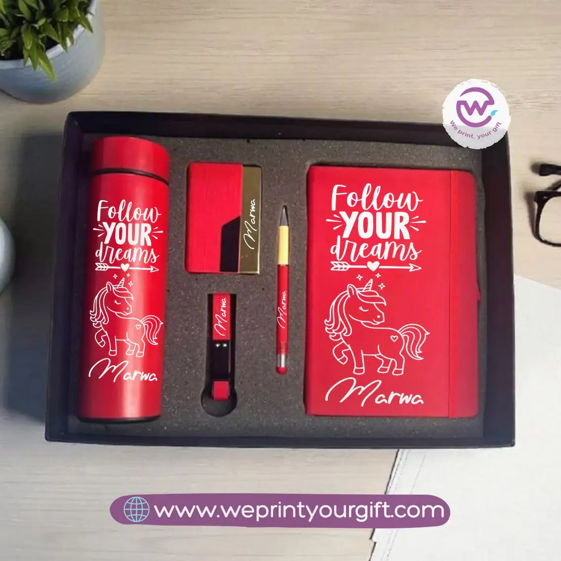 Unicorn Personalized 5-Piece Gift Box – Custom Name Luxury Set with Digital Thermos & Notebook - WE PRINT