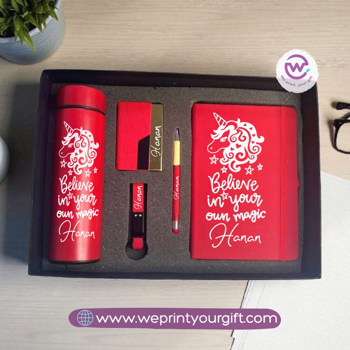 Unicorn Personalized 5-Piece Gift Box – Custom Name Luxury Set with Digital Thermos & Notebook