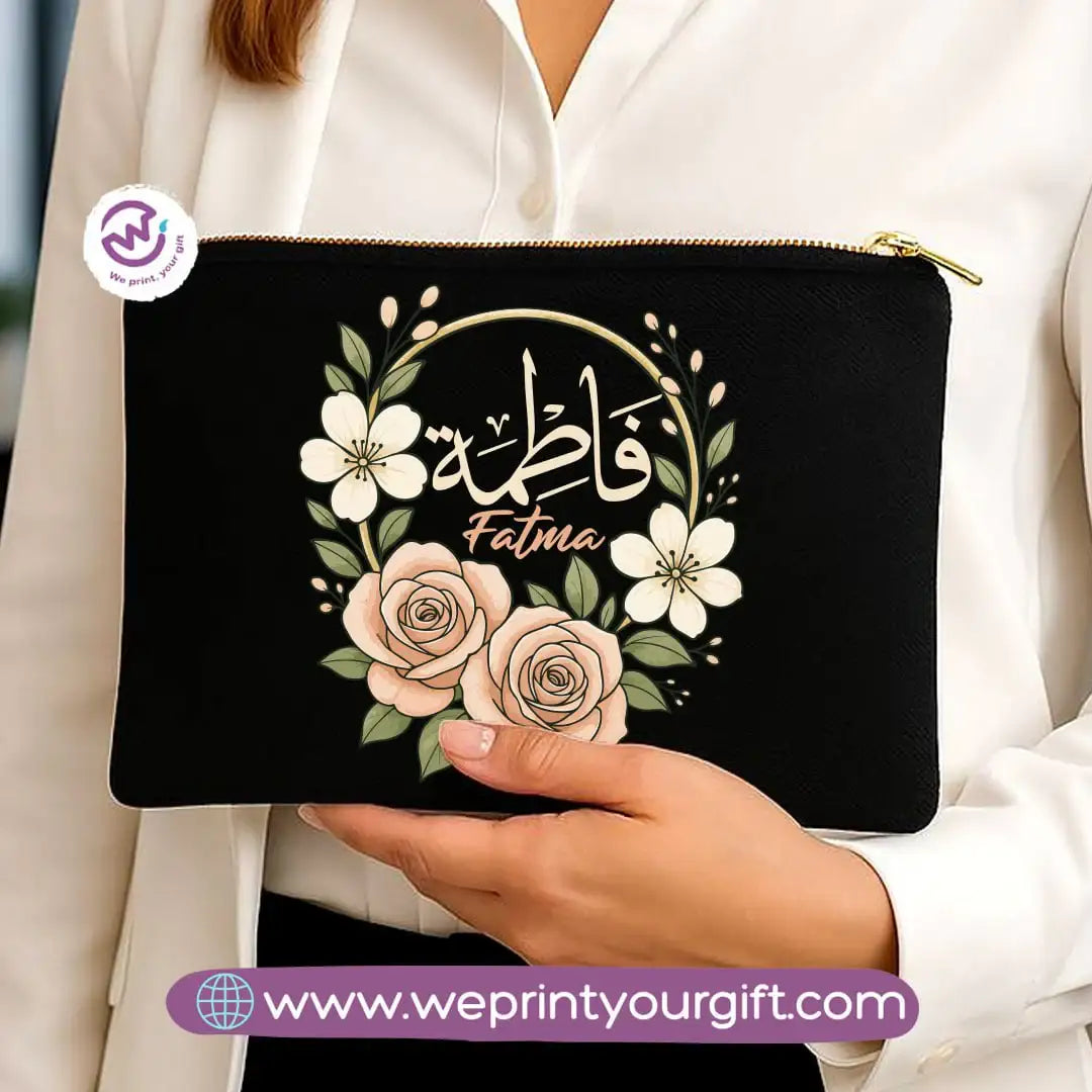 Personalized Floral Name Makeup Bag & Pencil Case – Elegant Cotton Pouch - WE PRINT