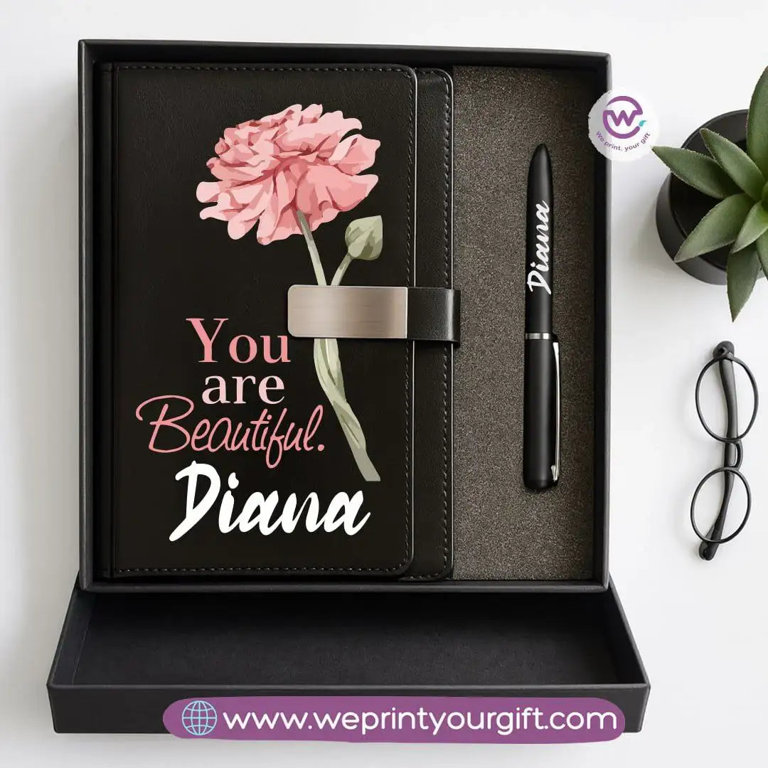 Personalized Leather Notebook & Engraved Pen Gift Box – Motivational Design with Name - WE PRINT