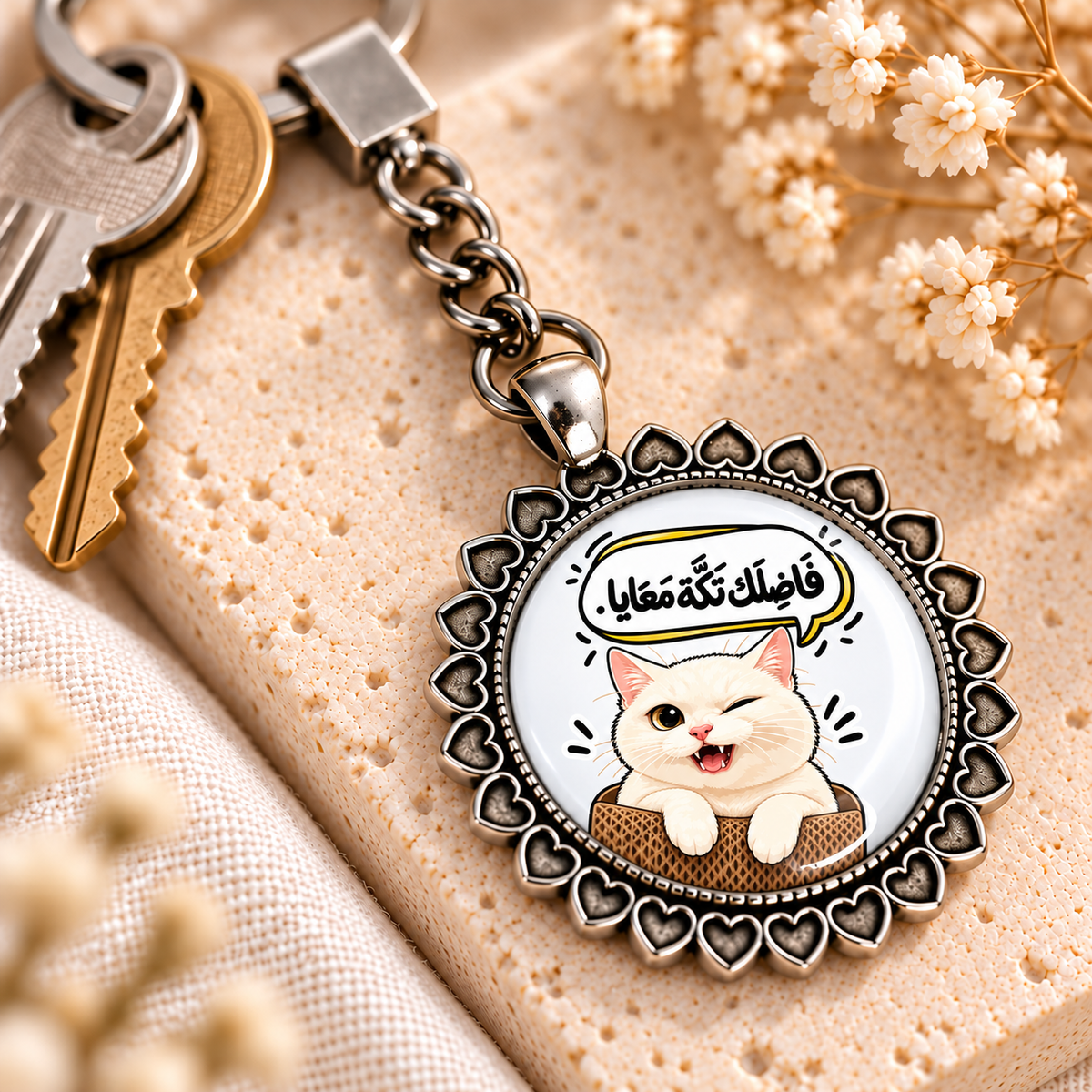 Naughty Cat Comic Glass Dome Keychain | Ornate Heart Border Frame