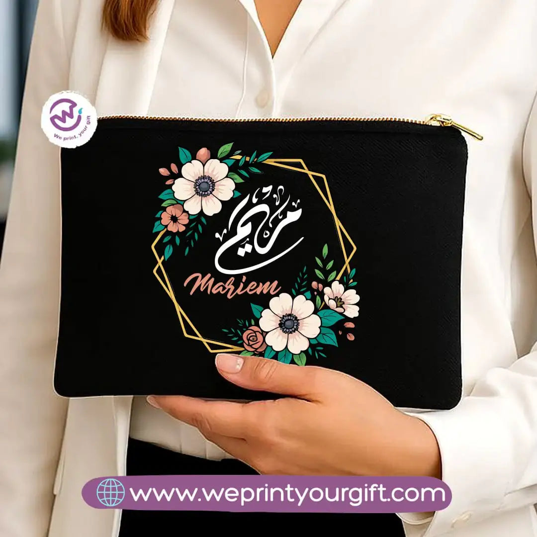 Personalized Floral Name Makeup Bag & Pencil Case – Elegant Cotton Pouch - WE PRINT
