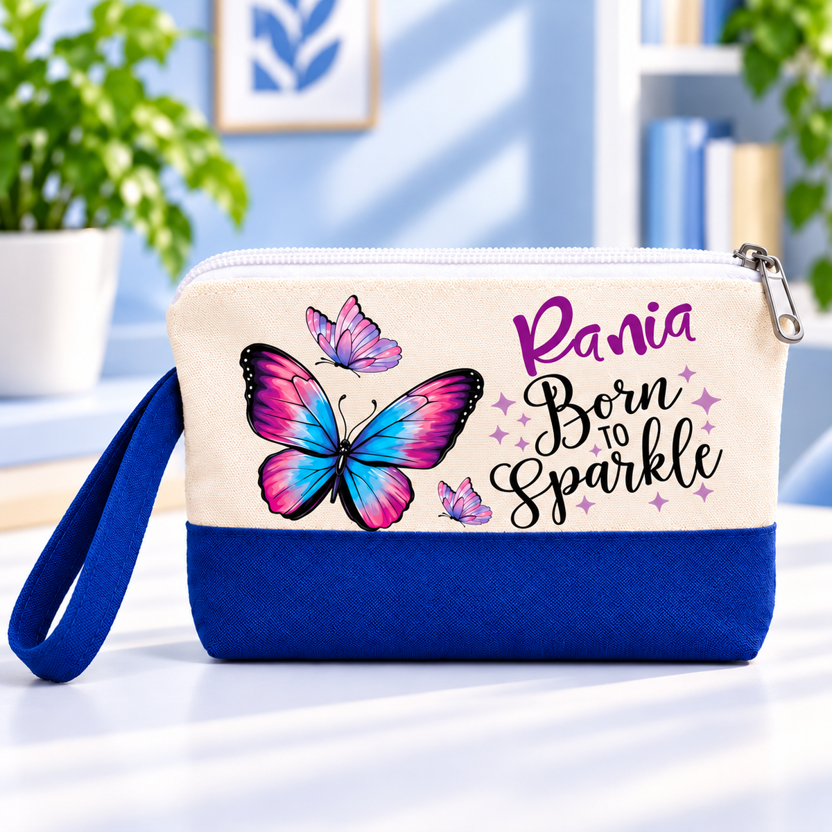Butterfly Elegance Two-Tone Canvas Pencil Case & Makeup Pouch | With Side Handle