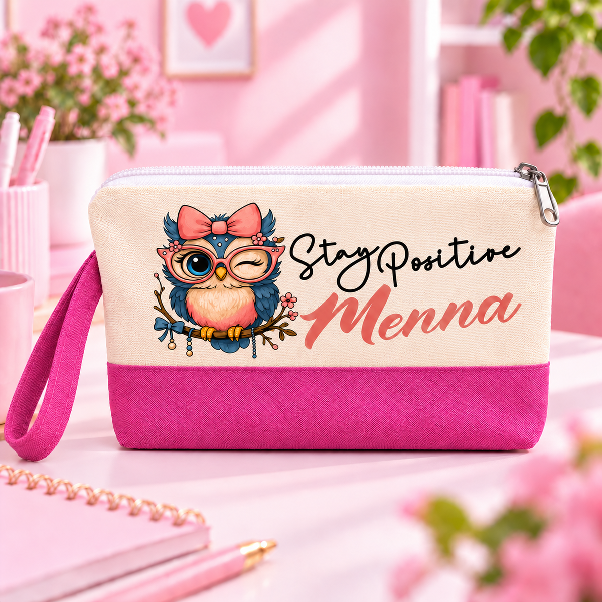 Cute Owl Two-Tone Canvas Pencil Case & Makeup Pouch | With Side Handle