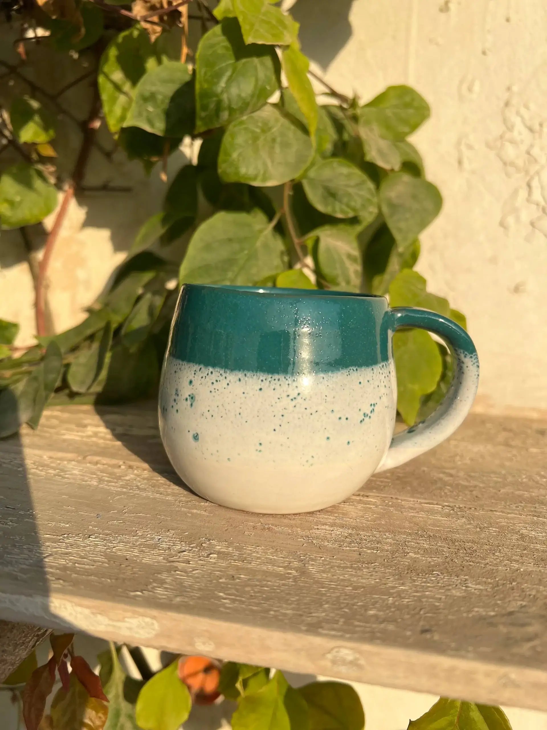 Green & White Handmade Pottery Mug - Customization Options - WE PRINT
