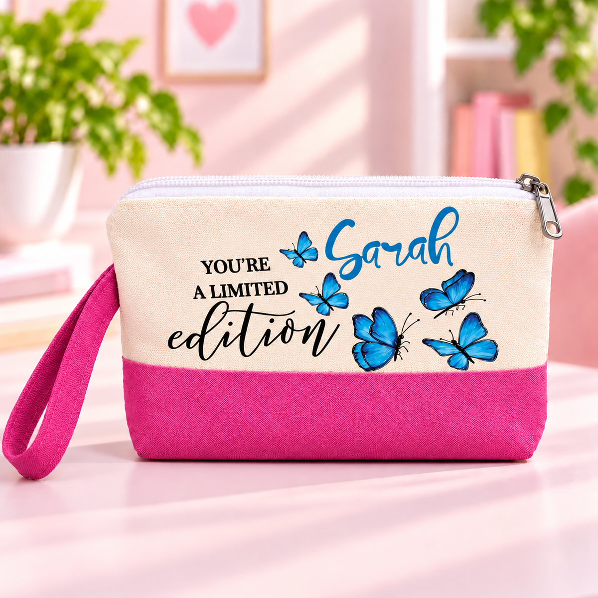 Motivational Butterfly Two-Tone Canvas Pencil Case & Makeup Pouch | With Side Handle